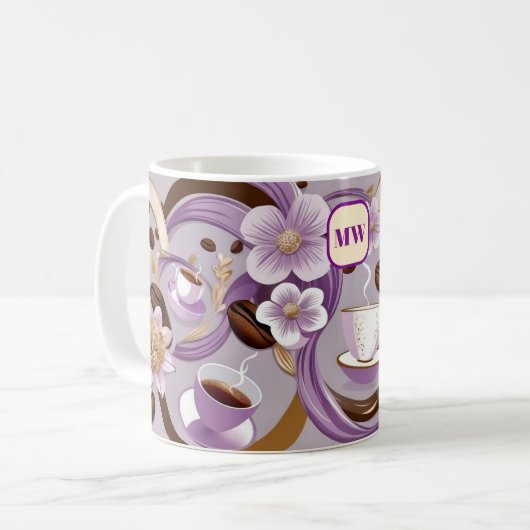 Elegante koffie lavendel bloemen & lint monogram koffiemok (Voorkant links)