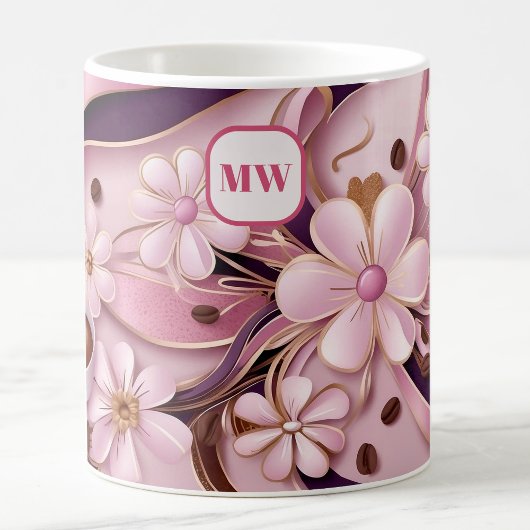 Elegante koffie roze bloemen & lint monogram koffiemok
