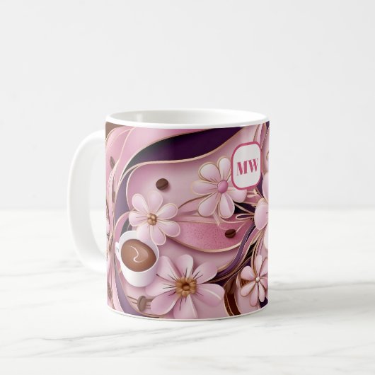 Elegante koffie roze bloemen & lint monogram koffiemok (Voorkant links)
