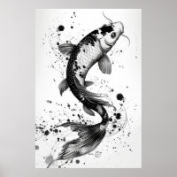 Elegante Koi Fish Pond Black Stroke Flat Illustrat