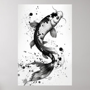 Elegante Koi Fish Pond Black Stroke Flat Illustrat Poster