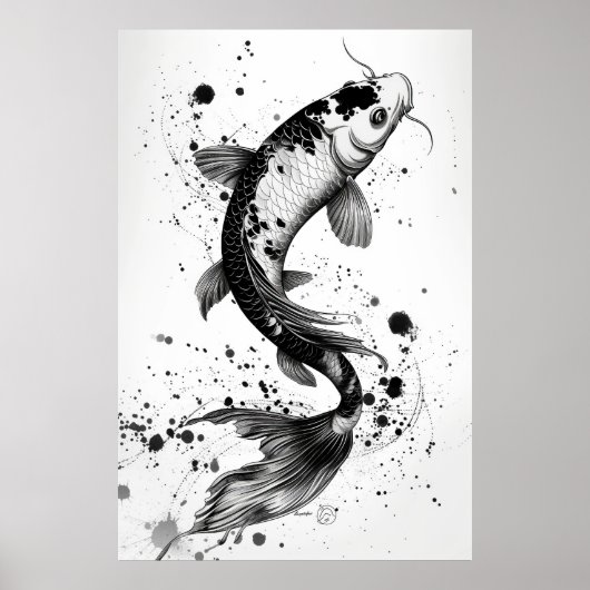 Elegante Koi Fish Pond Black Stroke Flat Illustrat Poster (Voorkant)