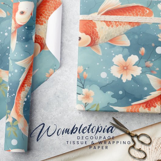 Elegante Koi Vis met Kersenbloesem, Blauw, Sinaasa Cadeaupapier