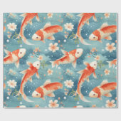Elegante Koi Vis met Kersenbloesem, Blauw, Sinaasa Cadeaupapier (Vlak)