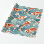 Elegante Koi Vis met Kersenbloesem, Blauw, Sinaasa Cadeaupapier (Uitgerold)