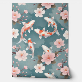 Elegante koi vissen zwemmen tussen kersenbloesems  behang
