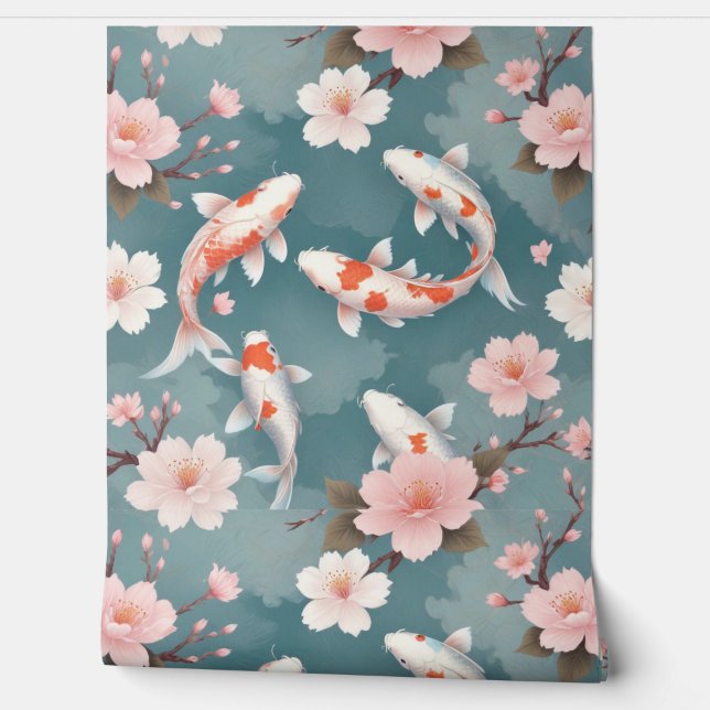 Elegante koi vissen zwemmen tussen kersenbloesems  behang (Afrollen)