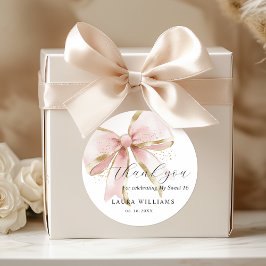 Elegante Koket Roze Gouden Strikje Dank je Sweet 1 Ronde Sticker