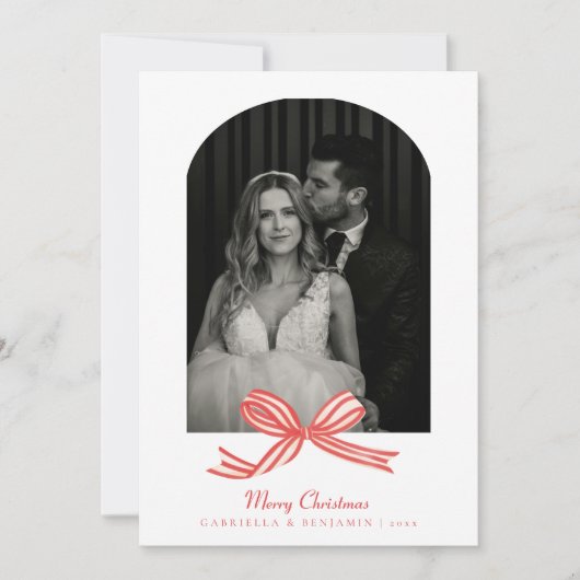 Elegante Kokette Rode Strik Boog Foto Kerstmis Feestdagenkaart (Voorkant)