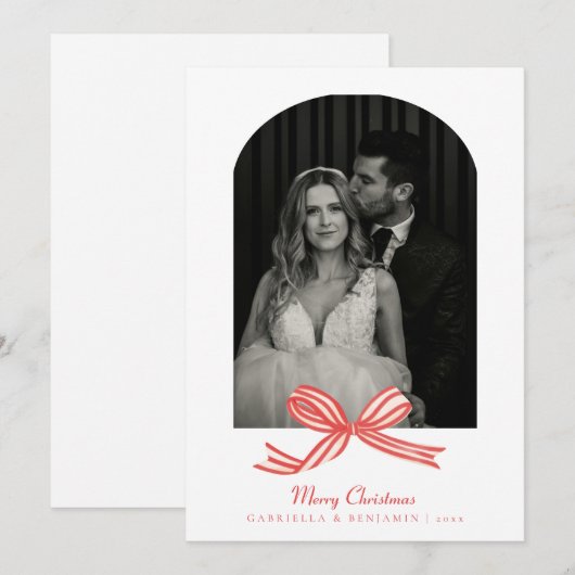 Elegante Kokette Rode Strik Boog Foto Kerstmis Feestdagenkaart (Voorkant / Achterkant)