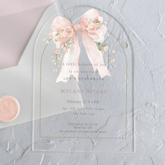 Elegante Kokette Roze Blush Rozen Strik Baby Showe Acryl Uitnodigingen