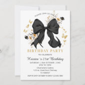 Elegante Kokette Zwarte Strik Wilde Bloemen Uitnod Kaart (Voorkant)