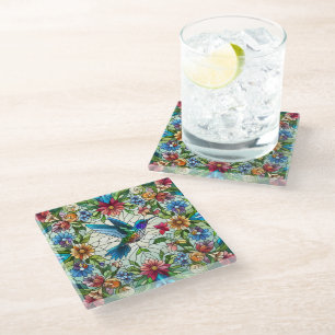 Elegante Kolibrie met Gebrandschilderd Glas Effect Glazen Onderzetter