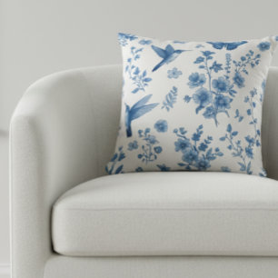 Elegante Kolibrie Vlinder Bloemendek Blauwe Toile Kussen