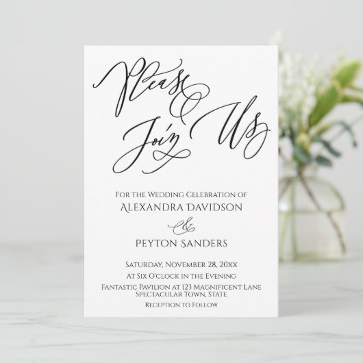 Elegante "Komt u bij ons" Zwart & Wit Huwelijk Kaart (Staand voorkant)