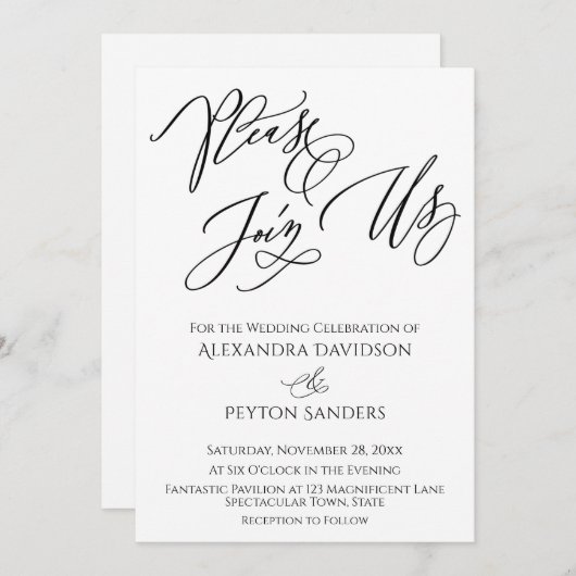 Elegante "Komt u bij ons" Zwart & Wit Huwelijk Kaart (Voorkant / Achterkant)