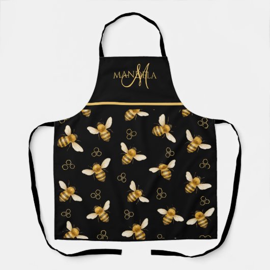 Elegante Koningin Bij Gouden Monogram Ontwerp Schort (Voorkant)
