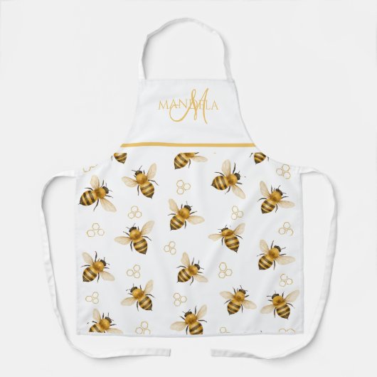 Elegante Koningin Bij Monogram Crème Goud Schort (Voorkant)