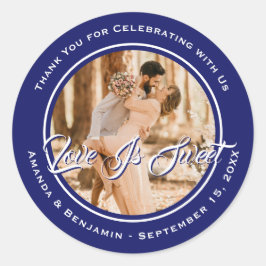 Elegante koningsblauwe liefde is zoete trouwfoto ronde sticker