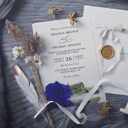 Elegante Koningsblauwe Roos Budget QR Code Trouwen Kaart