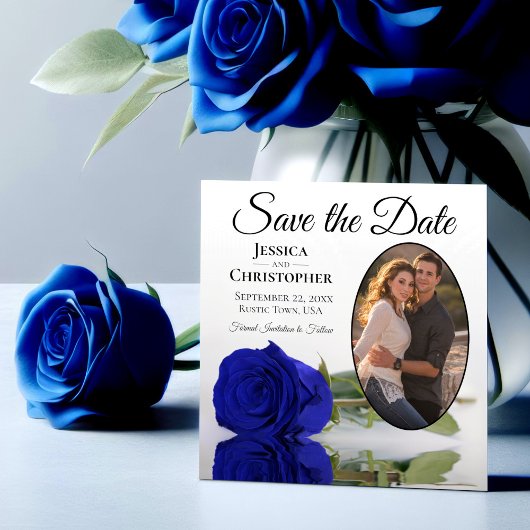 Elegante Koningsblauwe Roos met Ovale Foto Bruilof Save The Date