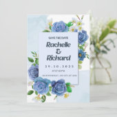 Elegante koningsblauwe rozen bruiloft uitnodigings kaart (Staand voorkant)