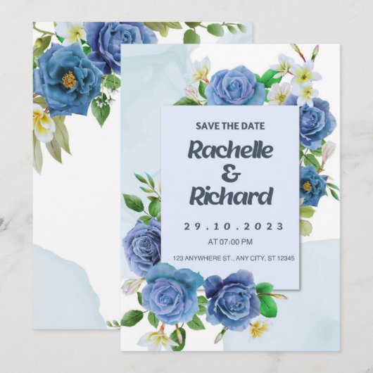 Elegante koningsblauwe rozen bruiloft uitnodigings kaart (Voorkant / Achterkant)