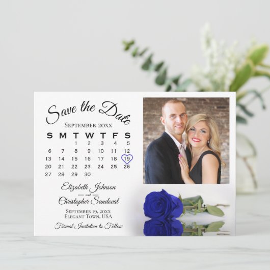 Elegante Koningsblauwe Rozen Kalender & Foto Bruil Save The Date (Staand voorkant)