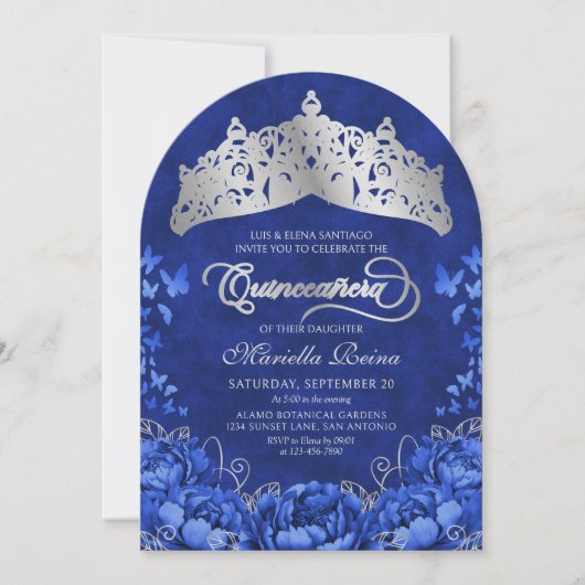 Elegante Koningsblauwe Vlinders Kroon Quinceanera Kaart (Voorkant)