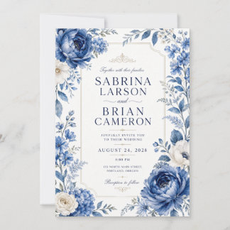 Elegante Koninklijk Blauwe Bloem Tuin QR Code RSVP Kaart