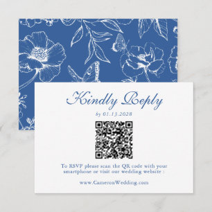 Elegante Koninklijk Blauwe Bloemencode QR Wedding RSVP Kaartje