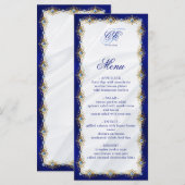 Elegante Koninklijk Blauwe Bloemige Monogram Bruil Menu (Voorkant / Achterkant)