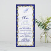 Elegante Koninklijk Blauwe Bloemige Monogram Bruil Menu (Staand voorkant)