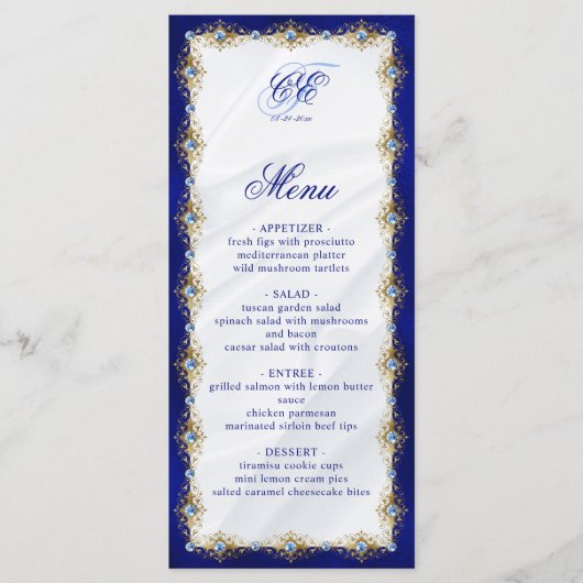 Elegante Koninklijk Blauwe Bloemige Monogram Bruil Menu (Voorkant)