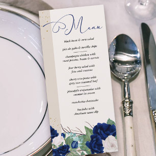 Elegante Koninklijk Blauwe en Ivoren Rozen Bloemst Menu