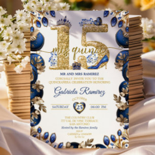 Elegante Koninklijk Blauwe Gouden Tiara Mis Quince Kaart