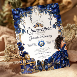 Elegante Koninklijk Blauwe Gouden Tiara Quinceañer Kaart
