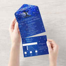 Elegante Koninklijk Blauwe Hartblad Boom Bruiloft All In One Uitnodiging