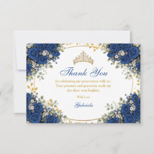 Elegante koninklijk blauwe rozen gouden Quinceañer Bedankkaart