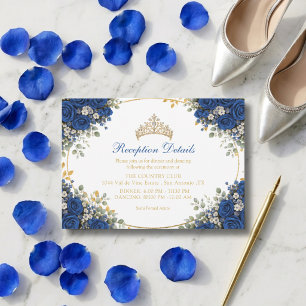 Elegante koninklijk blauwe rozen gouden Quinceañer Informatiekaartje