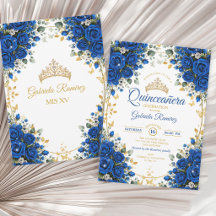 Elegante koninklijk blauwe rozen gouden Quinceañer