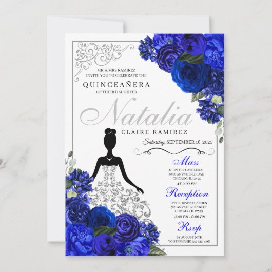 Elegante koninklijk blauwe zilveren Quinceanera-ve Kaart (Voorkant)