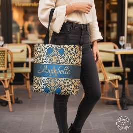 Elegante Koninklijke Blauwe & Gouden Sierlijke Juw Tote Bag