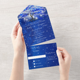 Elegante Koninklijke Blauwe Hartblad Boom Bruiloft All In One Uitnodiging