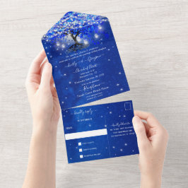Elegante Koninklijke Blauwe Hartblad Boom Trouw Al All In One Uitnodiging