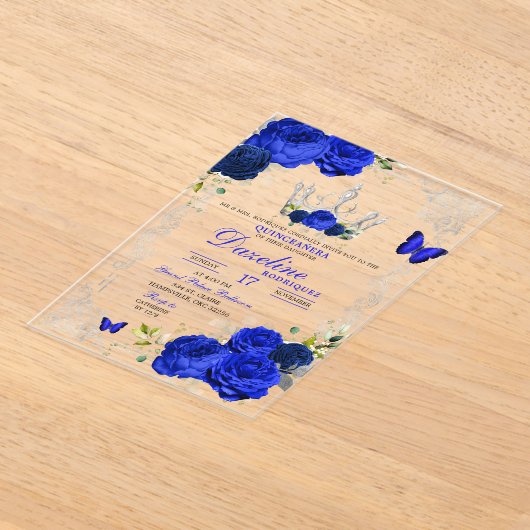 Elegante koninklijke blauwe kroon Quinceanera Acryl Uitnodigingen (Laagn)
