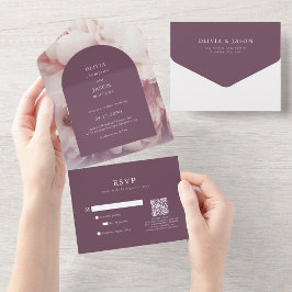 Elegante Koninklijke Paarse Pioenrozen Boog QR Cod All In One Uitnodiging