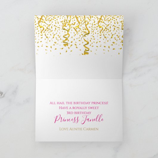 Elegante Koninklijke Prinses|Roze & Gouden Verjaar Kaart (Binnen)