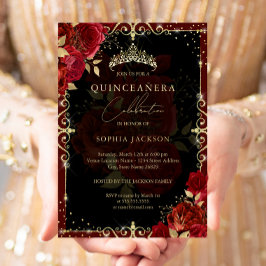 Elegante Koninklijke Rode Gouden Roos Quinceanera Folie Uitnodiging