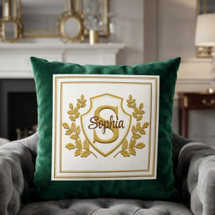 Elegante Koninklijke Smaragdgroene & Gouden Crest Kussen